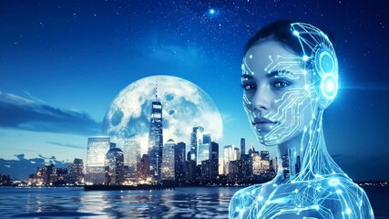 Futuristic Artificial Intelligence Woman with Cityscape and Moon in the Background. - Powered by Adobe
