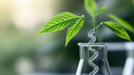 Modern biotechnology laboratory with DNA helix and young green sprout symbolizing scientific innovation, sustainable growth, and future discoveries in genetics and medicine, banner with copy space