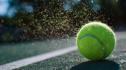 Action shot of tennis ball in flight, bright green fuzz highlighted, golden dust sprays emphasizing speed and impact, blurred court background, dynamic motion of equipment captured