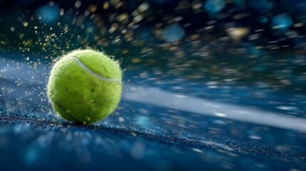 Detailed close-up of fuzzy tennis ball in fast flight, golden dust and tiny particles scattering outward, motion blur emphasizing impact, dynamic sports action scene