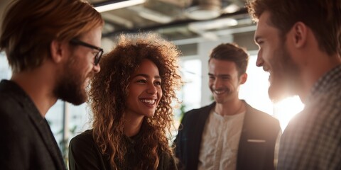 Group of people talk and laugh in modern office setting during afternoon hours