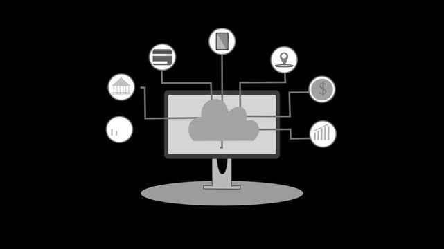 Animation of cloud computing with icons representing various data types connected to a monitor