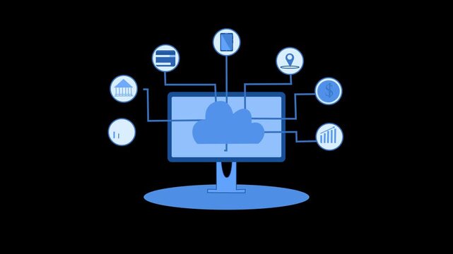 Animation of cloud computing with icons representing various data types connected to a monitor