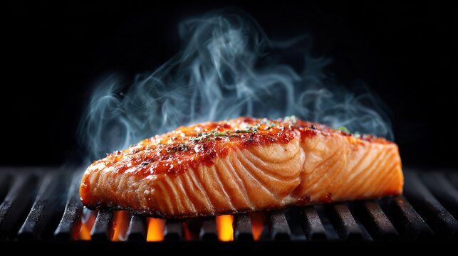 Grilled salmon fillet on a barbecue grill with flames and smoke