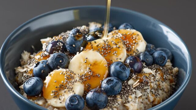 Healthy Breakfast Delight: A nutritious breakfast bowl brimming with fresh, colorful ingredients. showcasing a healthy meal, ready to kickstart the day.