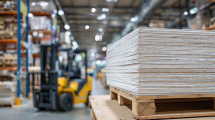 Obraz premium Close-up of plasterboards stacked on pallet, edges aligned precisely, warehouse shelving and forklifts softly blurred in background, home renovation and building material storage v