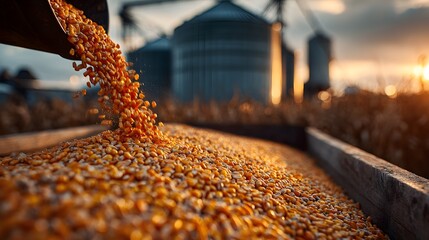 Yellow corn grain pours from a chute into a large pile in an industrial agricultural setting with grain silos and warm golden hour sunlight.