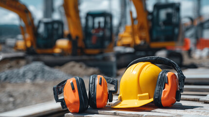 Close-up of construction worker wearing yellow hard hat and orange ear defenders, heavy diggers and loaders operating nearby, dust and sunlight filtering through site, safety gear