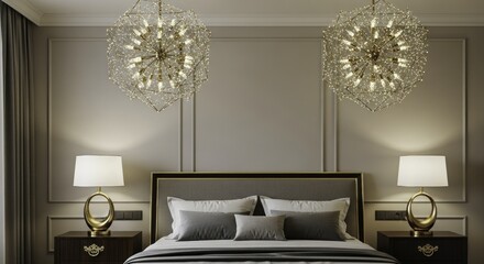 Luxurious Modern Bedroom Interior with Geometric Chandeliers, Gold Accents, and Elegant Neutral Decor