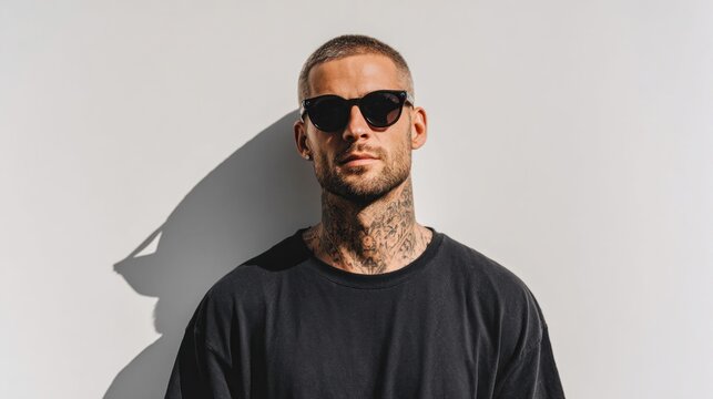Stylish man with tattoos wearing sunglasses posing against a white wall