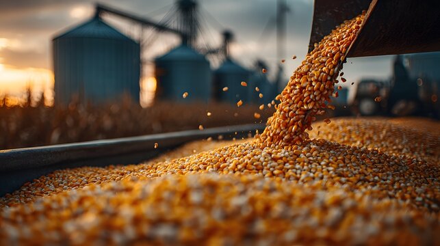 Yellow corn grain pours from a chute into a large pile in an industrial agricultural setting with grain silos and warm golden hour sunlight.