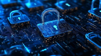 Digital security illuminated padlocks on circuit board data protection concept