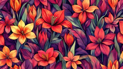 Floral fantasy watercolor painting showcasing vibrant red and yellow lilies