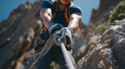 Close-up of a climberâs hands fastening a belay device onto a climbing rope, metal carabiner details and rope fibers sharply visible, blurred rock face in background, rock climbing