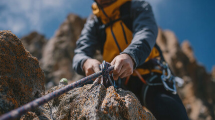 Close-up of a climberâs hands fastening a belay device onto a climbing rope, metal carabiner details and rope fibers sharply visible, blurred rock face in background, rock climbing