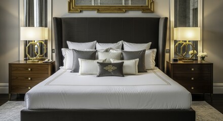 Luxurious Modern Bedroom with Upholstered Headboard, Elegant Gold Accents, Dark Wood Nightstands, and Warm Lighting
