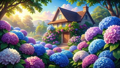 Cottage Garden with Blooming Hydrangeas at Sunrise