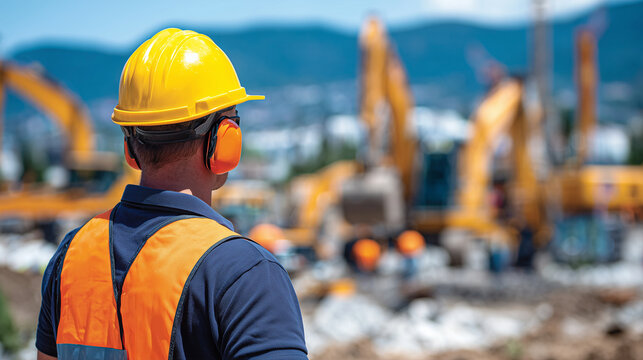 Close-up of construction worker&acirc;s profile, yellow hard hat and orange ear defenders, diggers and loaders in blurred motion behind, noisy worksite, protective gear highlighted