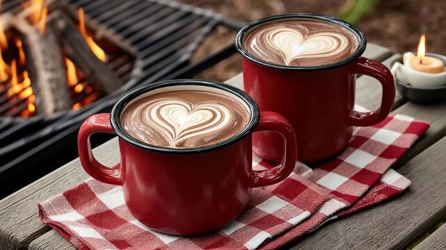 Enjoying hot chocolate by the campfire with friends in the woods on a chilly evening