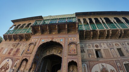 Detailed View of Medieval Period Haveli Interior Walls with Ornate Fresco Murals and Traditional Patterns, Nawalgarh Rajasthan, India