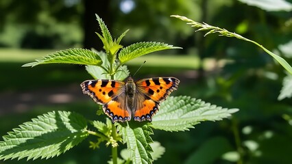 Obraz premium 太陽光下で葉にとまる蝶の鮮やかなオレンジと黒