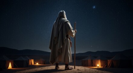 Biblical patriarch Abraham standing in the desert at night looking at the stars. Religious concept of faith and prophecy with nomadic tents in the background