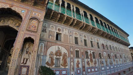 Detailed View of Medieval Period Haveli Interior Walls with Ornate Fresco Murals and Traditional Patterns, Nawalgarh Rajasthan, India