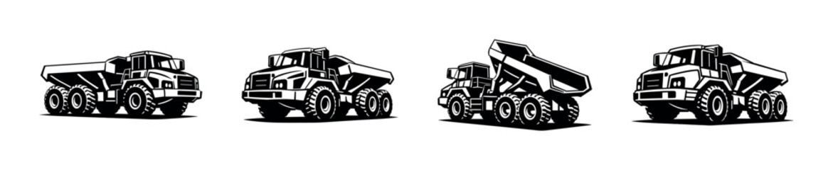 Dump truck collection, construction vehicles, flat vector illustration