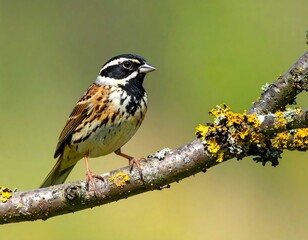 Obraz premium A vibrant bird with striking black and white facial markings perches elegantly on a lichen-covered branch. The green background is blurred