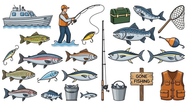 Vibrant fishing scene with fish, gear, and boat on water