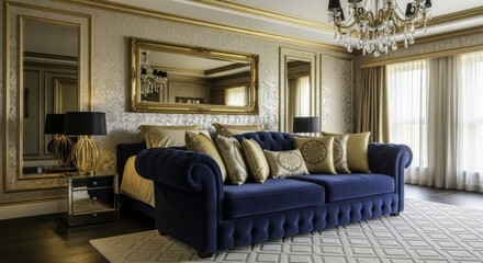 Luxurious blue velvet sofa in an elegant room with gold accents, patterned wallpaper, crystal chandelier, and large software, showcasing opulent interior design.