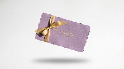 A gift card with a gold ribbon on a purple background is viewed from above against a plain white surface
