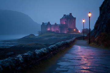 castle during sunset in scotland, Generative AI