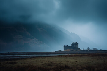 beautiful castle in scotland, by the lake in a foggy evening, Generative AI
