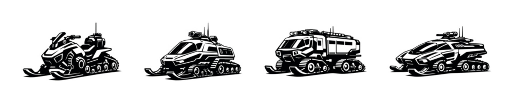 Snow vehicle types, sled and snowmobile flat vector illustration in monochrome