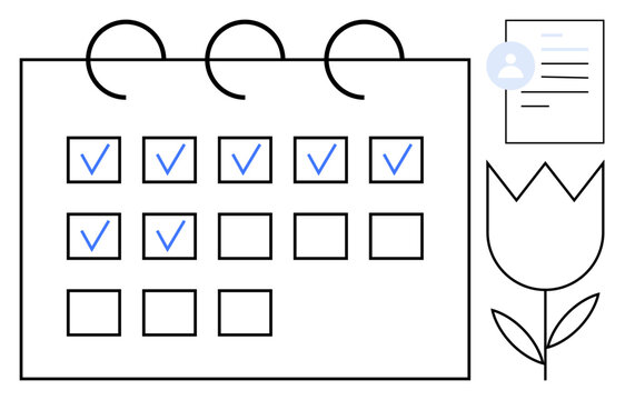 Time management, scheduling, productivity, personal planning, organization, daily checklist. Features a calendar with checkmarks, document icon and tulip drawing. Time management and scheduling - Powered by Adobe