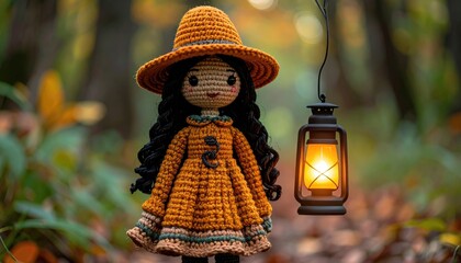 Crocheted Doll in Autumnal Forest Setting