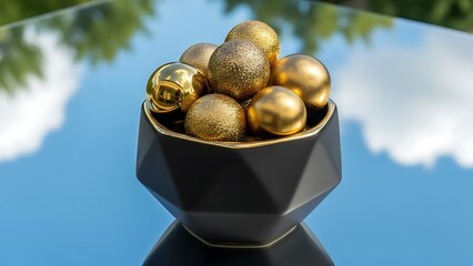 Black geometric bowl filled with gold glitter and smooth gold spheres balls