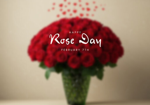 Soft focus bouquet of red roses for Happy Rose Day with floating hearts february 7th flowers