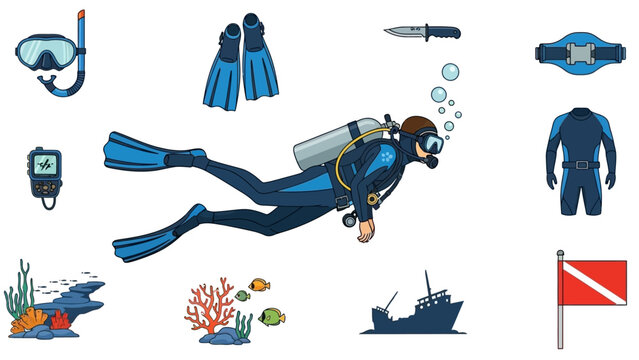 Scuba diver in action with equipment and underwater scene