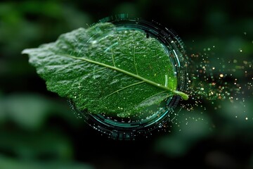 Circular digital halo around a green leaf symbolizing nature meeting technology and innovation