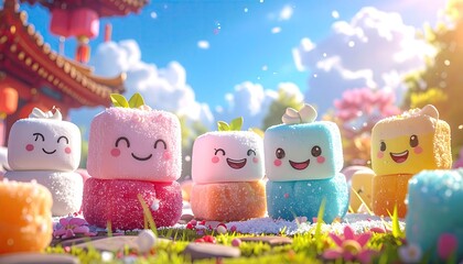 Cute Colorful Marshmallow Characters in Sunny Garden