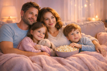 Fototapeta premium Cozy Family Moments: A family shares an intimate moment, enjoying a film together, embraced by the warmth of a comfortable home atmosphere, and sharing popcorn together.