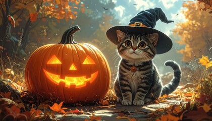 Cute Kitten in Witch Hat with Jack O'Lantern