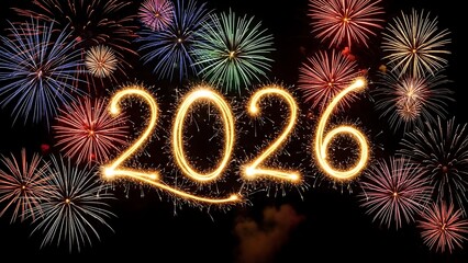 Spectacular new year 2026 celebration with dazzling fireworks lighting up the night sky