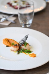Close-up view of a gourmet appetizer with seared scallops served on a white plate in a fine dining restaurant. Elegant presentation with herbs, sauce, and pur&eacute;e highlights modern European cuisine and 