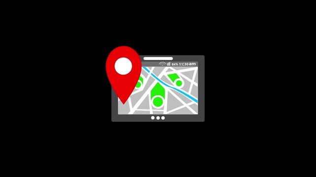 Animation of a GPS navigation app on a tablet with a map and location pin