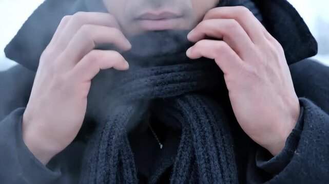 Close-up of a man tying a thick wool scarf around his neck in freezing winter weather. Male hands adjusting warm clothing outdoors with visible breath vapor. Cold season concept
