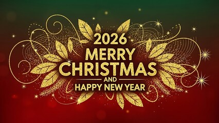 Golden glitter 2026 merry christmas and happy new year greeting with festive leaves