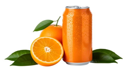 Refreshing cold orange soda in a can with fresh citrus fruit on a transparent background